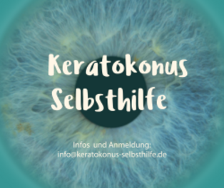 Vergrößertes Auge, Text Keratokonus Selbsthilfe