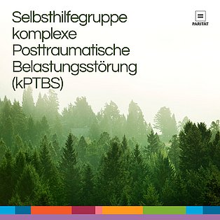 Auf dem Bild ist ein nach hinten blasser werdender Wald abgebildet. Oben rechts steht das Gleichheitszeichen des Paritätischen 