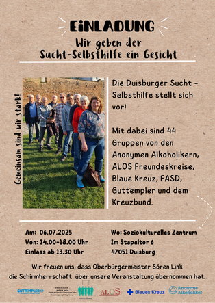 Bild mit Duisburger Sucht Selsbsthilfeaktiven , die hintereinander auf einer Wiese stehen