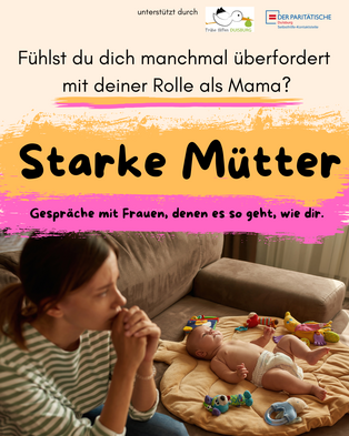 Ein nachdenkliche Frau sitzt die Hände am Kinn neben ihrem liegendem Säugling